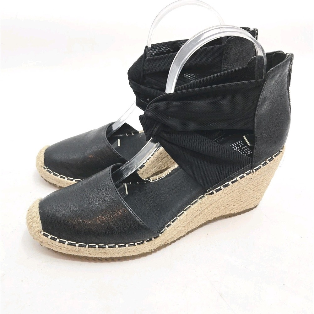 Eileen Fisher Sz 9.5  Espadrille Black Leather Wallice‎ Coastal Wedge Sandals